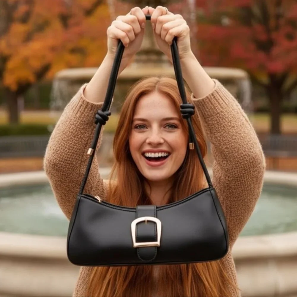 Trendy Minimalist Black Baguette Shoulder Bag With Gold Buckle Accent - Picture 8 of 11